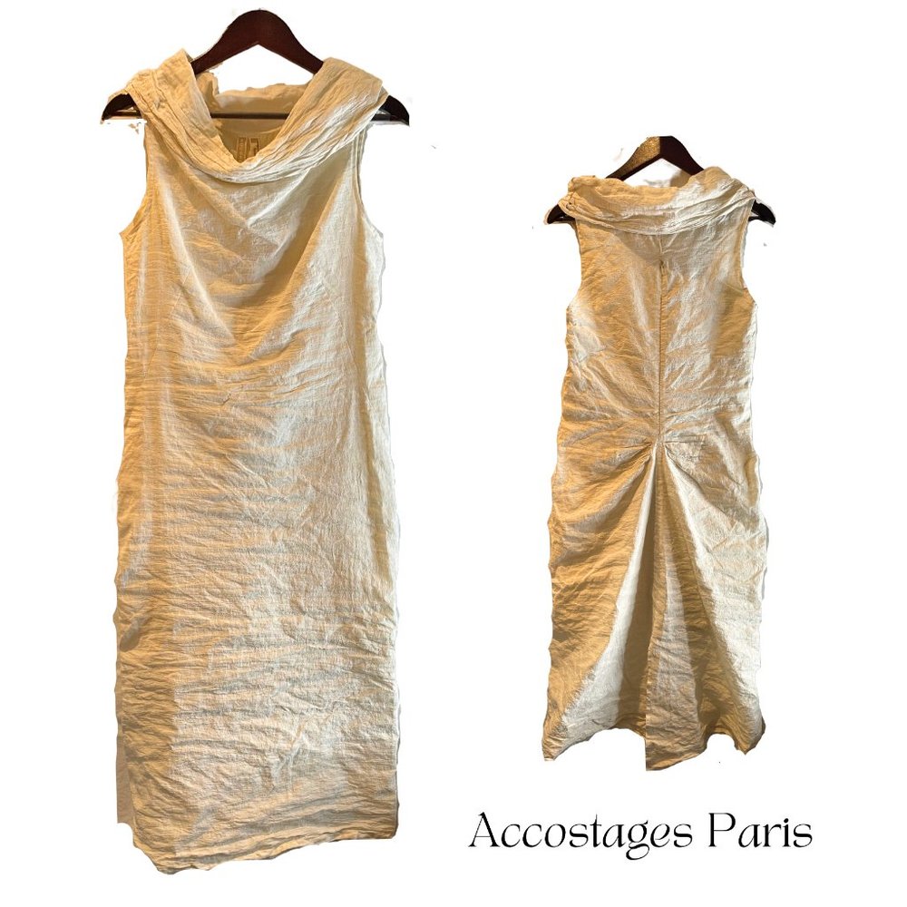 ACCOSTAGES PARIS CRINKLED COTTON BODYCON DRESS WITH COWL NECK SLEEVELESS WHITE M